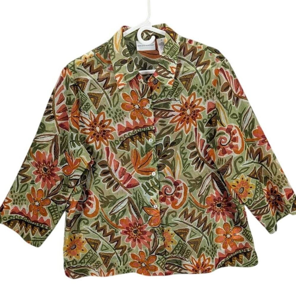 Alfred Dunner Shirt Womens 14 Green Floral Button Front Sheer Textured Boho